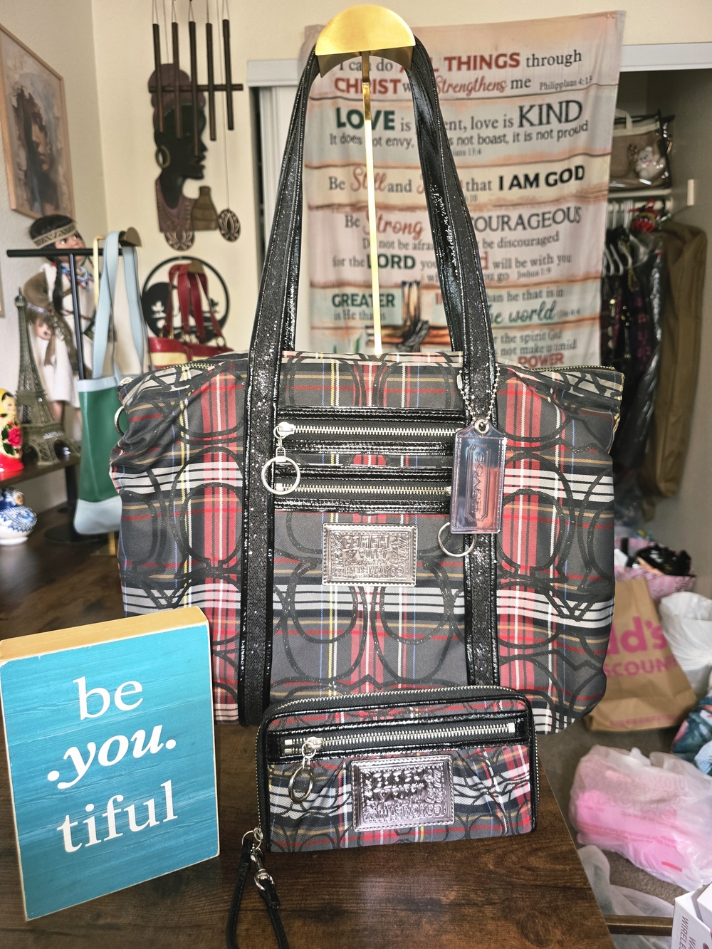 Coach Poppy Tartan Plaid Glam Tote &  Wristlet Combo
